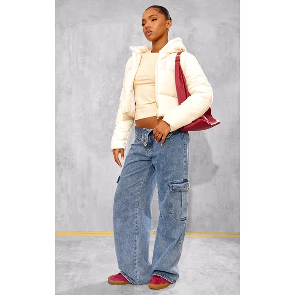 Cream Basic Hooded Zip Up Cropped Puffer Jacket