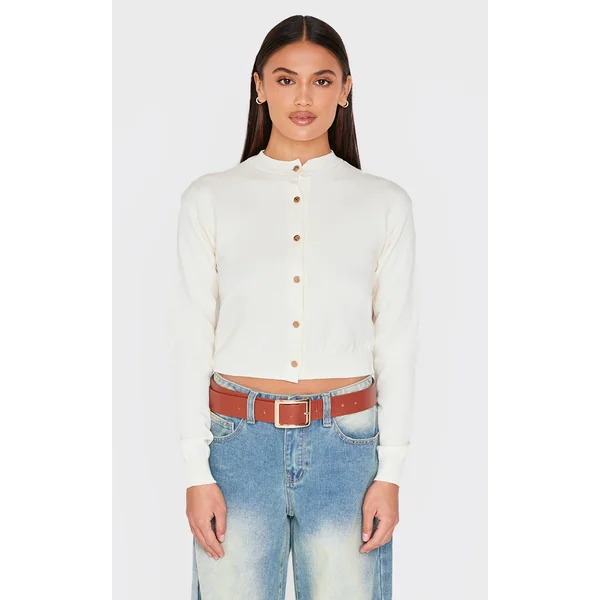 Cream Basic Knit Cropped Cardigan