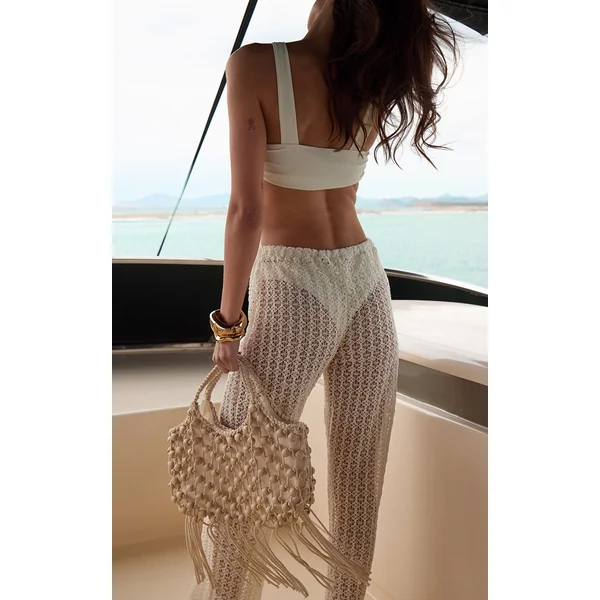 Cream Beaded Macrame Tassel Beach Bag