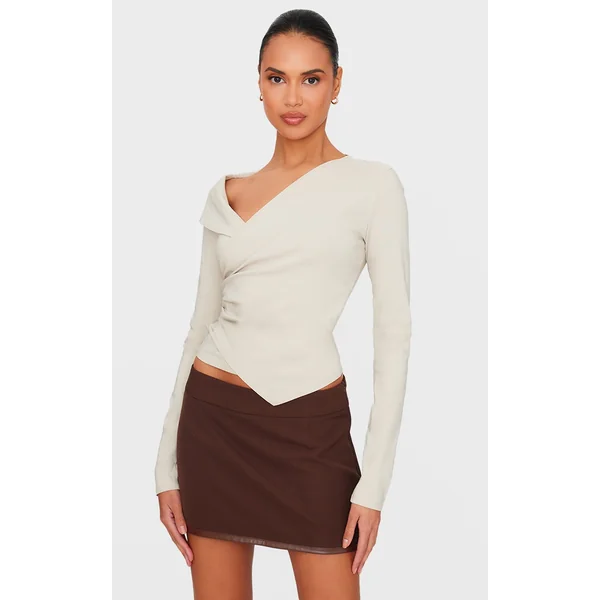 Cream Bengaline Asymmetric Ruched Long Top