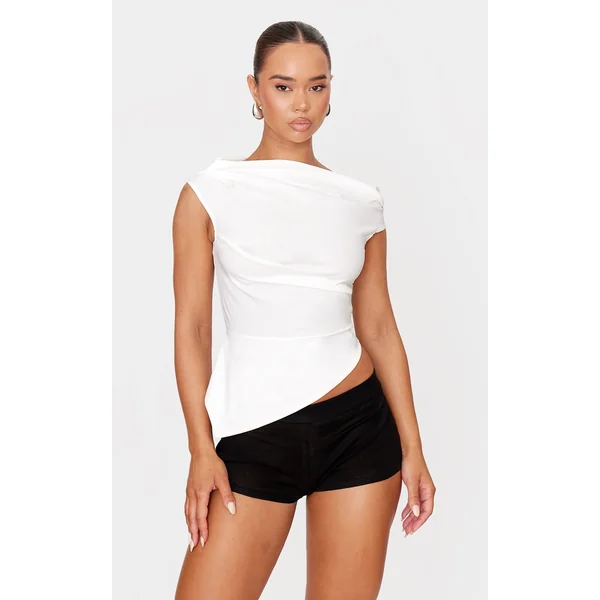 Cream Bengaline Ruched Asymmetric Long Top