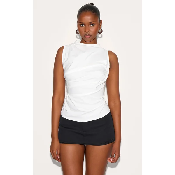 Cream Bengaline Ruched Fitted Long Top