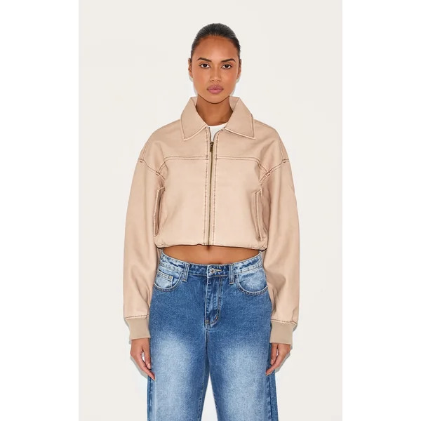 Cream Bleach Detail Faux Leather Cropped Bomber