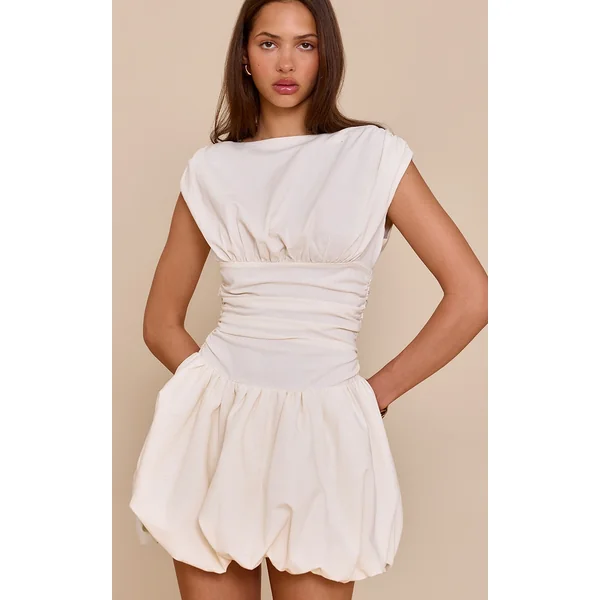 Cream Boat Neck Ruched Detail Puffball Dress