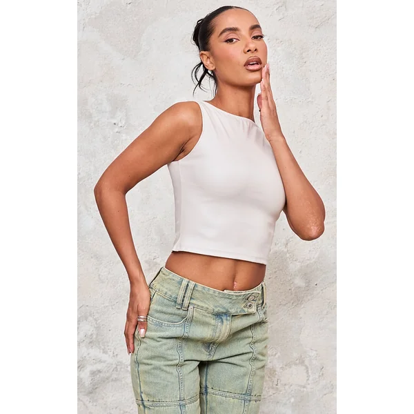 Cream Boatneck Faux Leather Long Top