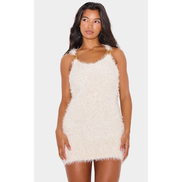 Cream Bobble Eyelash Chain Trim Mini Dress