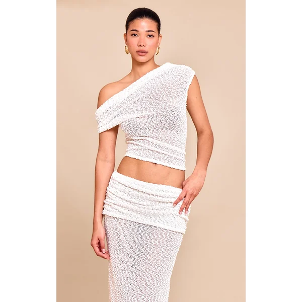 Cream Bobble Knit Asymmetric Ruched Long Top