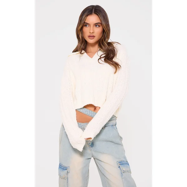 Cream Bobble Knit Collar Detail Top