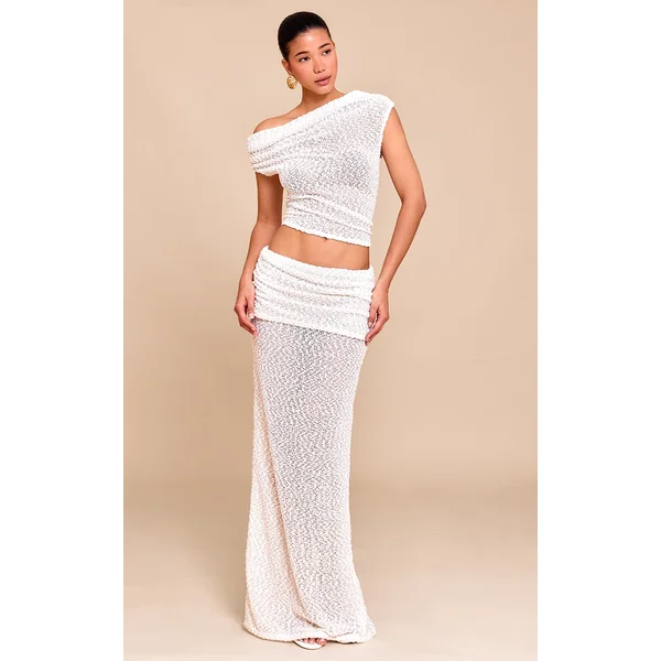 Cream Bobble Knit Foldover Maxi Skirt