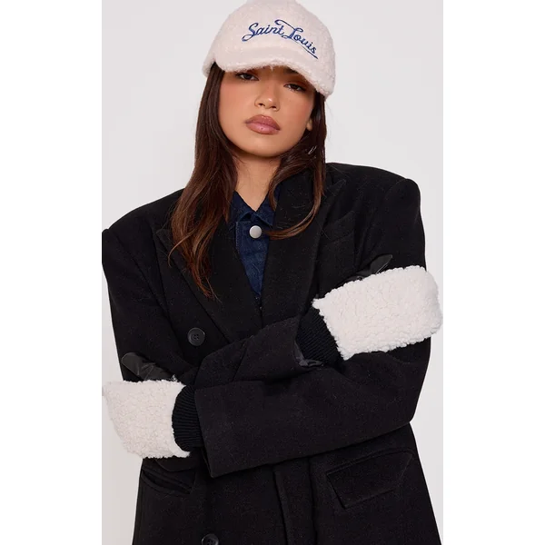 Cream Borg Contrast PU Mittens