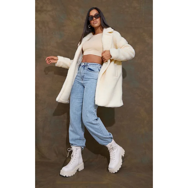 Cream Borg Lapel Drop Arm Midi Coat