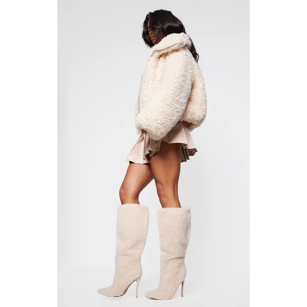 Cream Borg Point Toe High Stiletto Knee High Boots