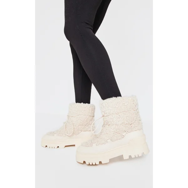 Cream Borg Round Toe Chunky Sole Ankle Boots