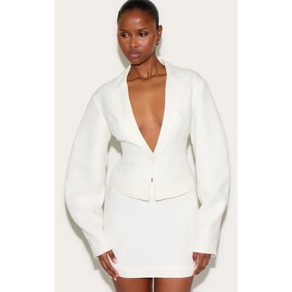 Cream Boucle Cinched Waist Blazer