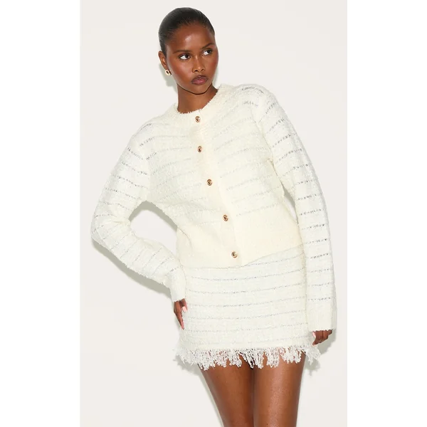 Cream Boucle Knit Button Through Cardigan