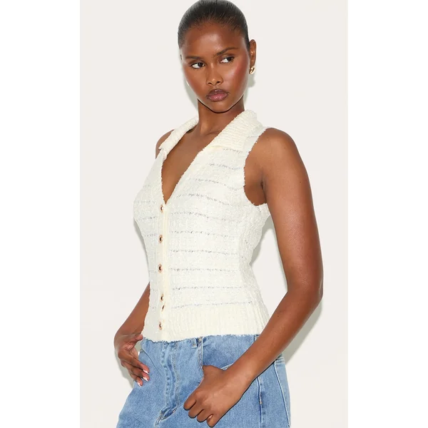 Cream Boucle Knit Button Through Collar Detail Vest