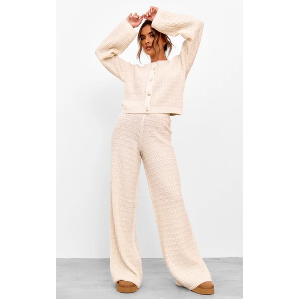 Cream Boucle Knit Wide Leg Pants