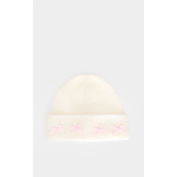 Cream Bow Detail Ribbed Beanie
