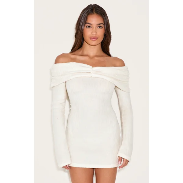 Cream Brushed Rib Bardot Long Sleeve Bodycon Dress