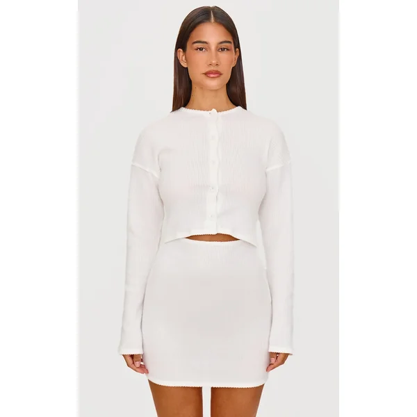 Cream Brushed Rib Button Detail Long Sleeve Bodycon Dress