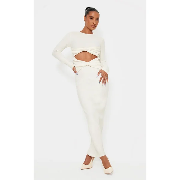 Cream Brushed Rib Cut Out Detail Maxi Dress