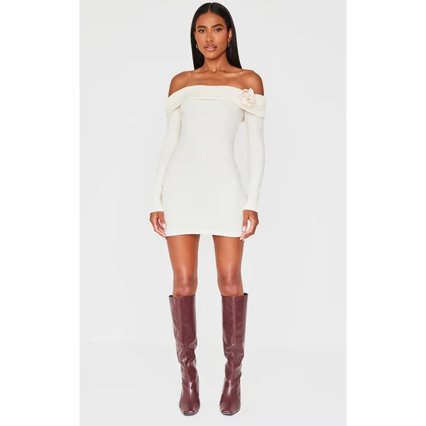 Cream Brushed Rib Fold Over Bardot Corsage Detail Bodycon Dress