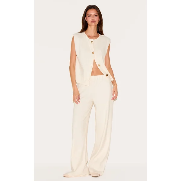 Cream Brushed Rib Low Rise Straight Pants
