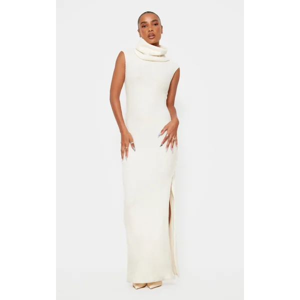 Cream Brushed Rib Roll Neck Maxi Dress