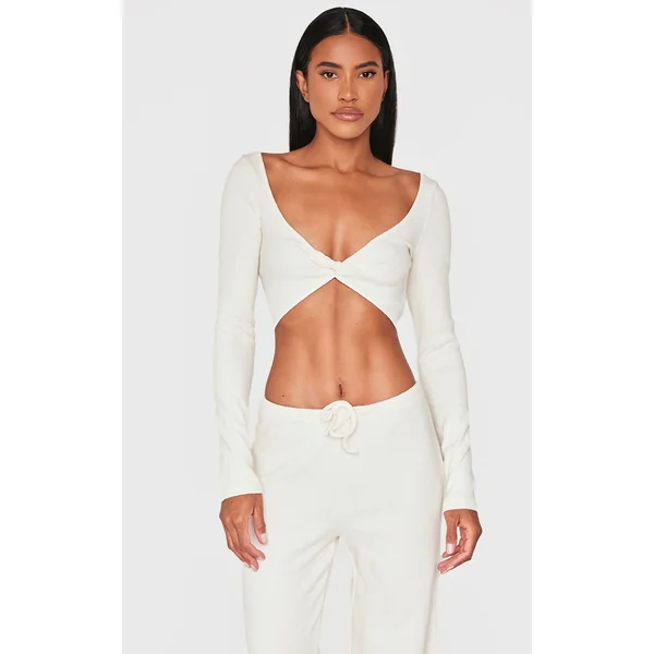 Cream Brushed Rib Twist Front Long Sleeve Bardot Top