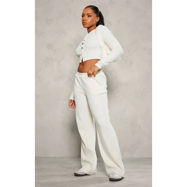 Cream Brushed Rib Wide Leg Pant