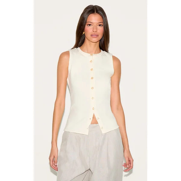 Cream Button Through Sleeveless Top