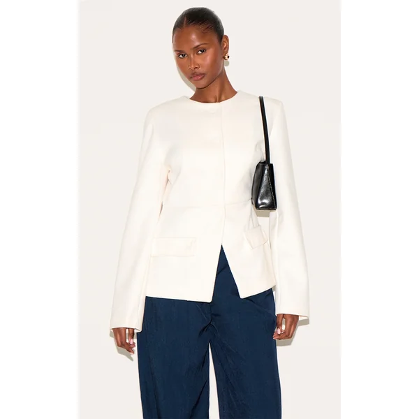 Cream Button Up Longline Collarless Blazer