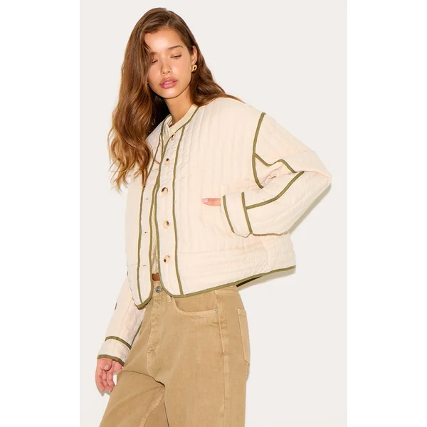 Cream Button Up Round Neck Quilted Jacket