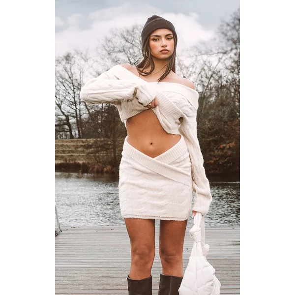 Cream Cable Cross Front Wrap Knit Sweater