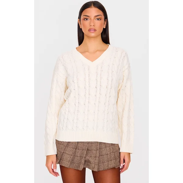 Cream Cable Knit Oversized V Neck Sweater