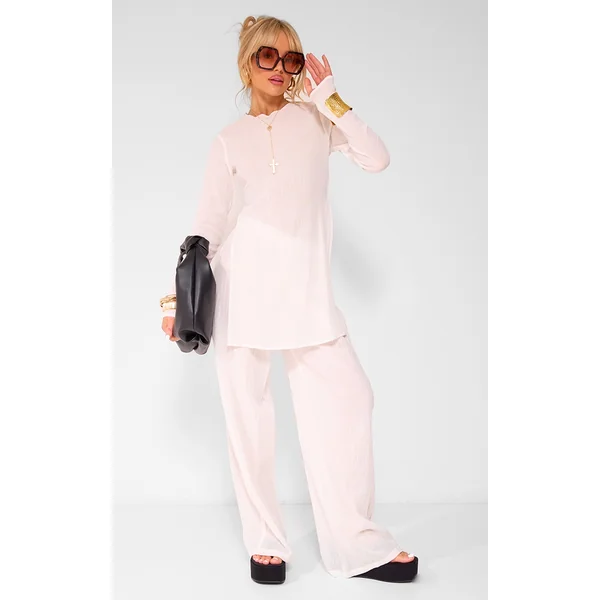 Cream Cheesecloth Textured Wide Leg Pants