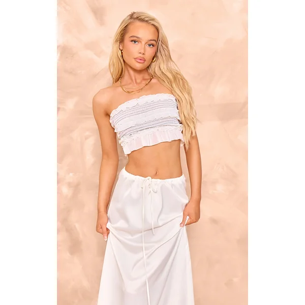 Cream Chiffon Contrast Stitch Shirred Bandeau Crop