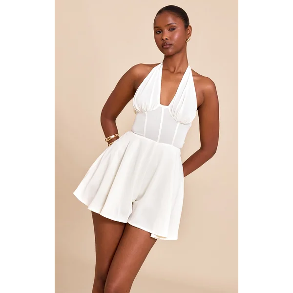 Cream Chiffon Halterneck Corset Detail Skort Romper