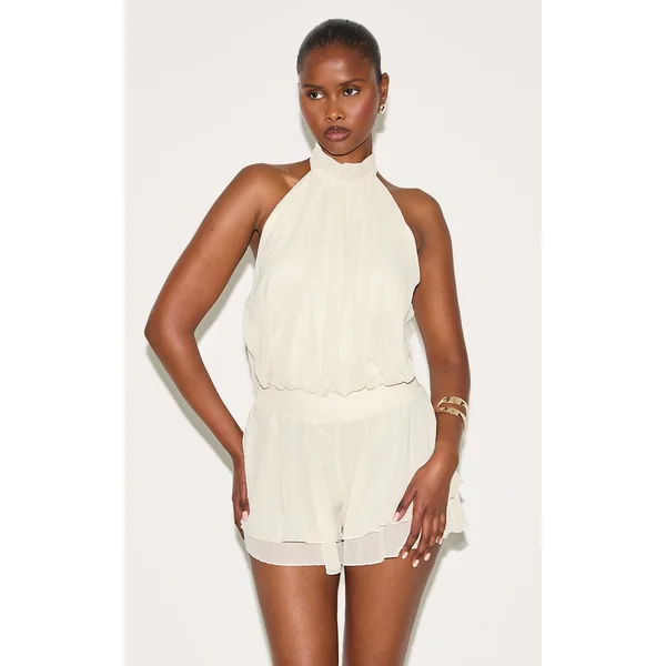 Cream Chiffon High Neck Drop Waist Romper