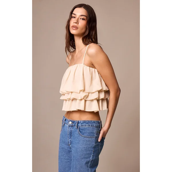 Cream Chiffon Layered Puffball Cami Top