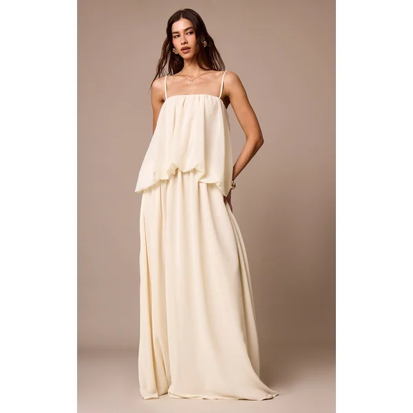 Cream Chiffon Layered Puffball Maxi Dress
