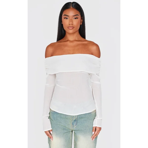 Cream Chiffon Plisse Bardot Long Top