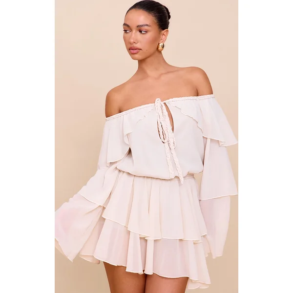 Cream Chiffon Ruffle Detail Long Sleeve Romper