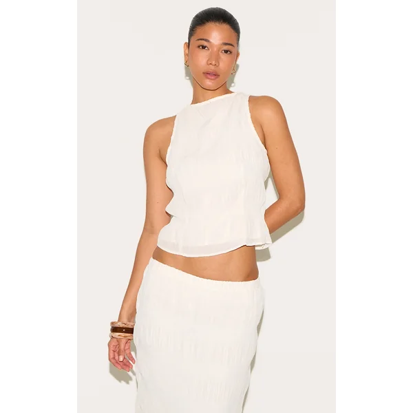 Cream Chiffon Textured High Neck Top