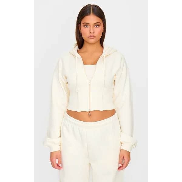 Cream Cinched Waist Cropped Zip Up Hoodie