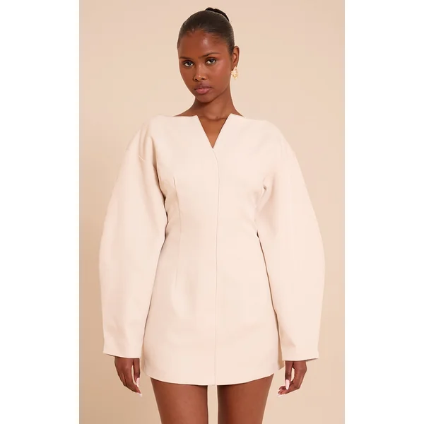 Cream Cocoon Sleeve Cinched Waist Blazer Dress