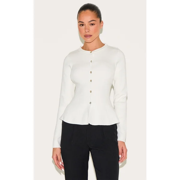 Cream Compact Knit Peplum Cardigan