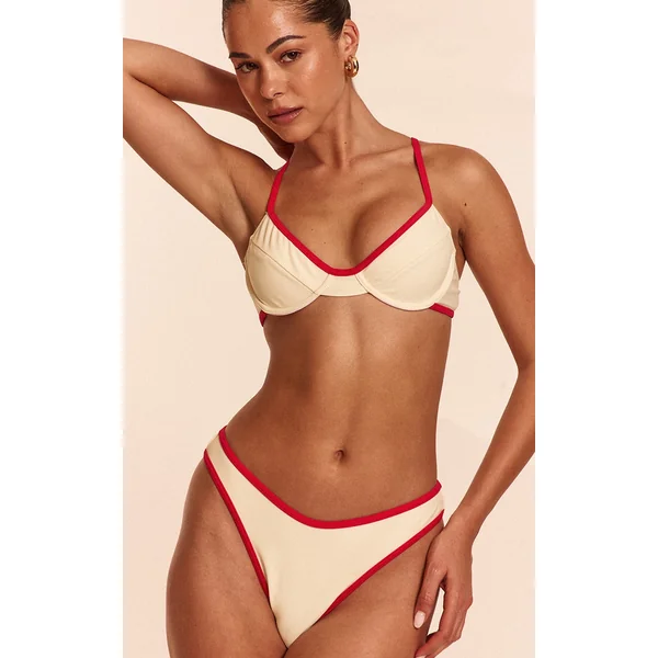 Cream Contrast Red Binding Tanga Bikini Bottoms