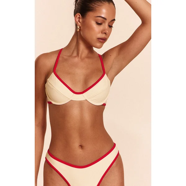 Cream Contrast Red Binding Underwired Bikini Top