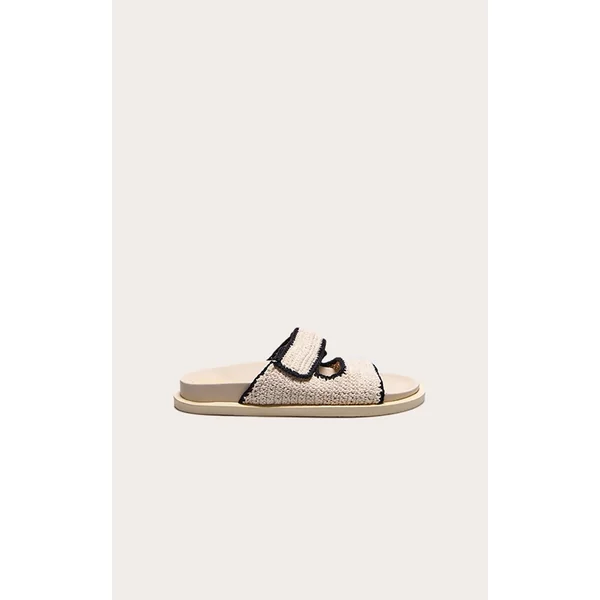 Cream Contrast Round Toe Crochet Velcro Strap Flat Footbed Sandals